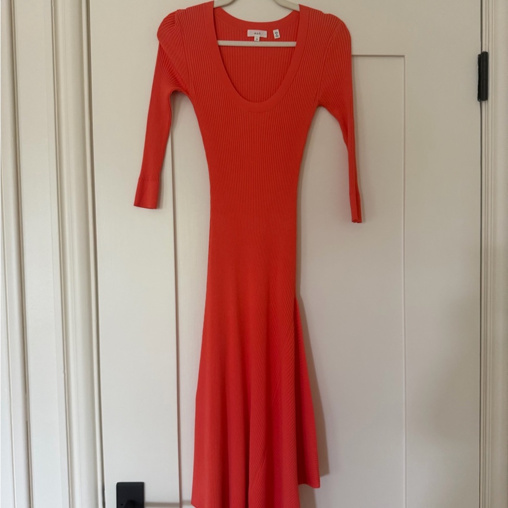 A.L.C. Scoop Neck Ribbed Long Sleeve Midi Dress in Vibrant Coral